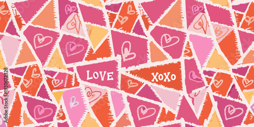 Colorful heart shaped paper pieces with love and kisses message