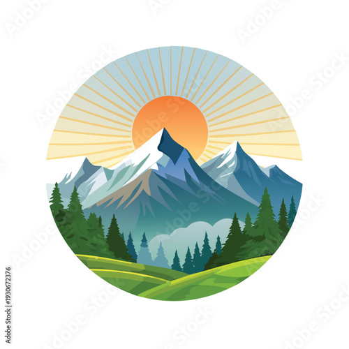 Mountain landscape illustration with rising sun and trees