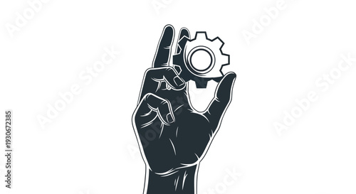 Human hand holding a mechanical gear icon, symbolizing precision and engineering on an isolated white background.