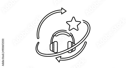 Continuous Improvement Customer Support Headset Icon with Rotating Arrows and Star on Isolated White Background