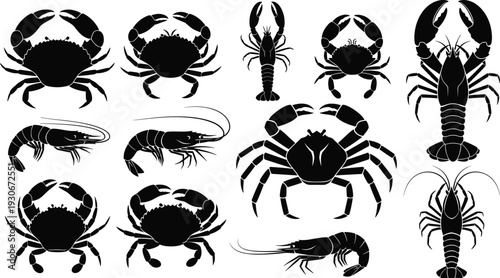 Seafood crustacean silhouettes collection including crabs, lobsters and shrimps, marine animal vector set isolated on white background for design