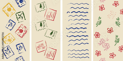 A series of textured hand drawn stamp and floral patterns on beige