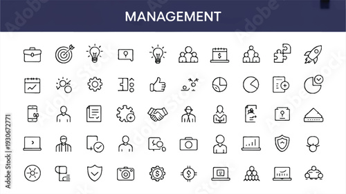 Collection of line icons related to business management and organization