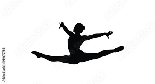 Silhouette of a dancer in mid air performing a split leap with arms outstretched on white background with dramatic lighting