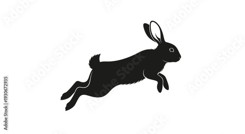 Black silhouette of a rabbit jumping to the right on a white background conveying speed and freedom in a simple iconic design