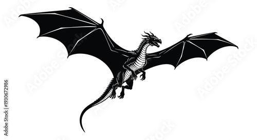 Black dragon with outstretched wings mythical creature in flight fantasy animal with white skeleton details on a plain white background creating a sense of freedom and power