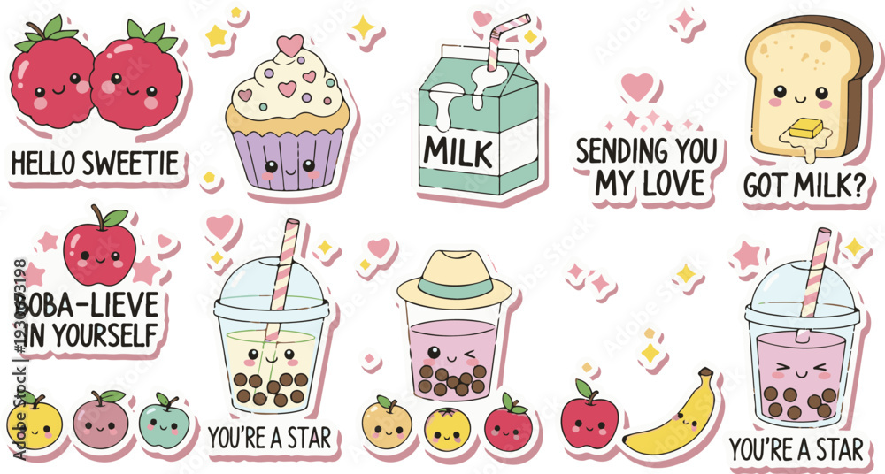Fototapeta premium Cute Kawaii Food and Drink Sticker Set Adorable Characters for Fun and Expression