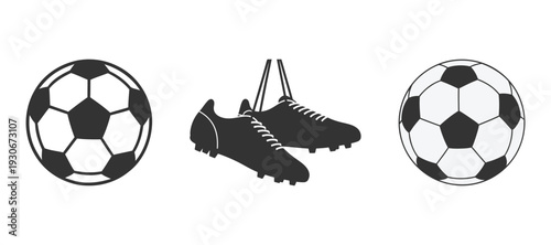 Silhouettes of soccer football balls and hanging sports boots flat vector.