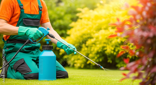 Gardener spraying pesticides on lawn and plants for pest control.