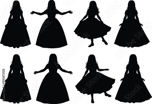 Princess gown silhouette collection, elegant women in ball dress poses, fairy tale character costume vector set isolated on white background