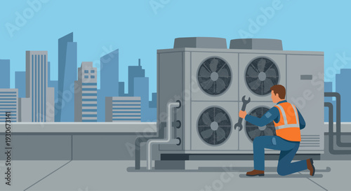 An HVAC technician in a safety vest kneeling on a flat commercial rooftop, working on a massive, multi-fan industrial air conditioning unit with a wrench. A geometric city skyline is in the background
