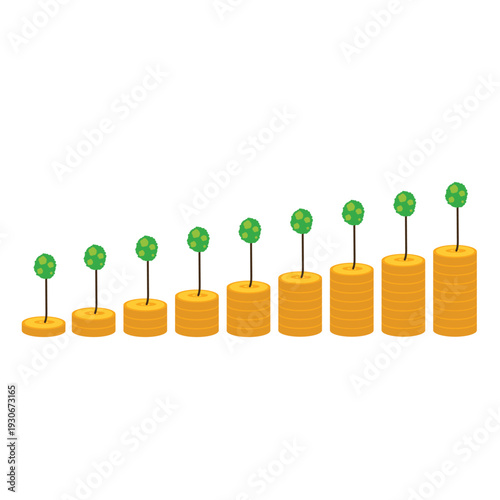 Vector illustration of steady wealth growth day by day, coin stacks rising with trees, symbolizing financial freedom, smart investing, long term savings, compound growth, prosperity future secure