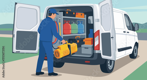 An HVAC technician standing at the open rear doors of a white work van, pulling out a large yellow vacuum pump. The inside of the van is organized with shelves of solid-colored refrigerant tanks 