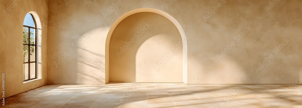 Fototapeta premium Minimalist Archway: An elegant archway graces a sun-drenched space, creating an inviting ambiance and capturing the interplay of light and shadow, evoking a sense of calm and simplicity.