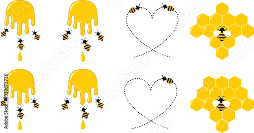 Honey Dripping and Bees Icon Set with Honeycomb Hexagon Pattern and Heart Shape Flight Path for Beekeeping and Natural Product Design