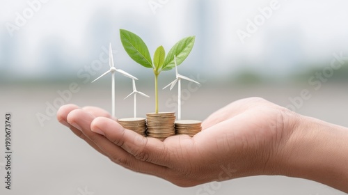 Hand Presenting Seedling Plant Growing with Coins and Wind Turbines Symbolizing Renewable Energy and Sustainable Growth