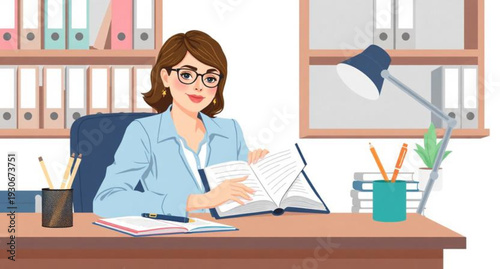 A confident young businesswoman smiles while sitting at a desk with a laptop, embodying a professional executive success in a modern office or classroom setting