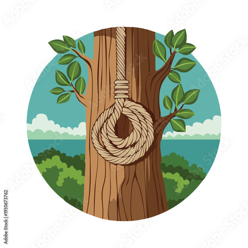 Hanging rope noose tied to a tree illustration