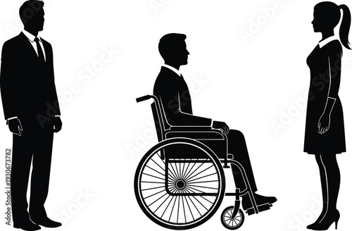 Business people silhouettes with man in wheelchair during meeting, inclusive workplace and disability employment concept isolated on white background illustration
