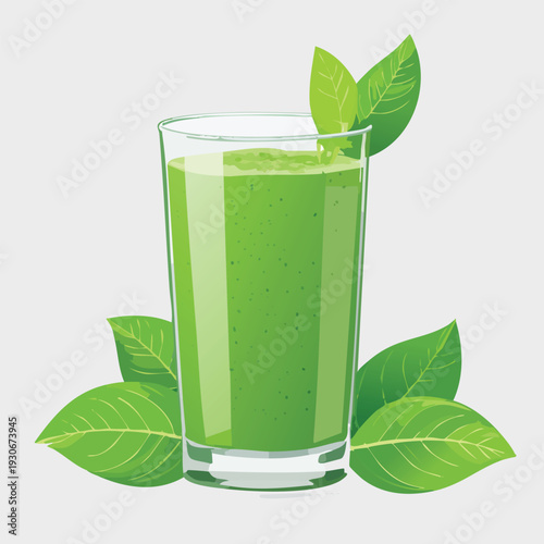 Green smoothie beverage with fresh leaves on white background