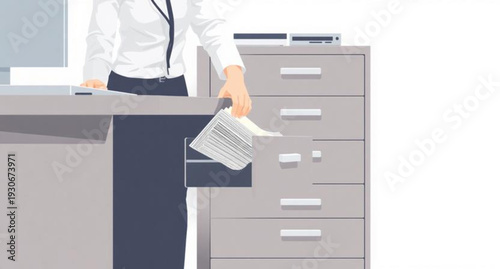 An illustration of a young business woman handling folders at an open metal filing cabinet for secure document storage and data archive in a 3D office setting