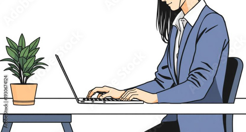 A professional businessman in a suit sits at an office desk typing on a laptop keyboard, utilizing modern technology and the internet to complete his work