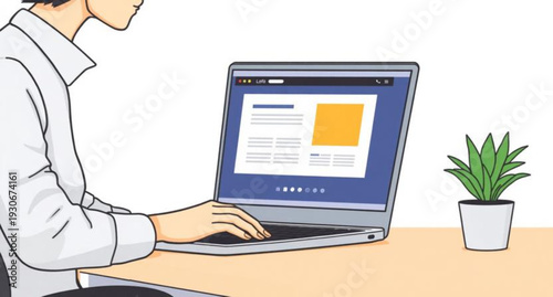 A professional businessman uses his laptop keyboard and screen in an office to work online, with his hands typing and communicating over the global internet technology network