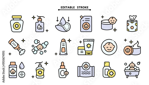 Hand and Body Soap Icon Set: Color Editable Symbols for Natural Cosmetics, Skin pH Balance and Hygiene Care