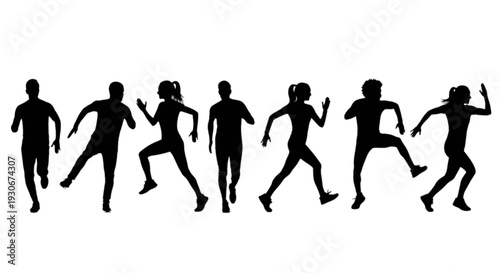 Silhouettes of people in dynamic running poses against a plain background