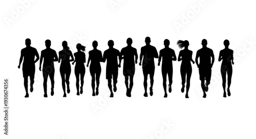 Group of diverse silhouetted individuals walking in a line together