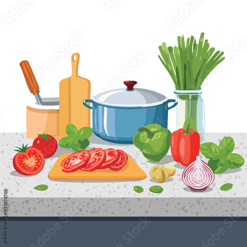 Fresh vegetables and cooking utensils on a countertop