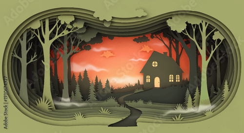 Enchanting layered paper art illustration depicting a secluded forest cottage bathed in the soft glow of twilight, creating a serene and warm handcrafted scene