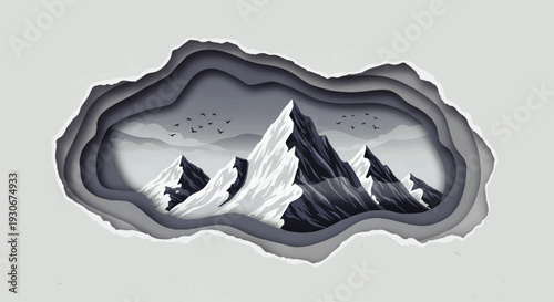 Captivating layered paper-cut illustration of a majestic mountain range, featuring sharp peaks and a serene cloudy sky, rendered in a beautiful grayscale art style, perfect for nature themes