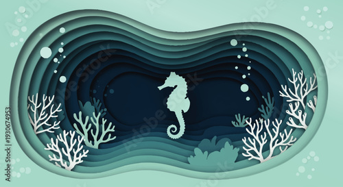 Enchanting paper cut illustration of a serene underwater world, featuring a graceful seahorse silhouette among abstract layered ocean depths and delicate coral formations