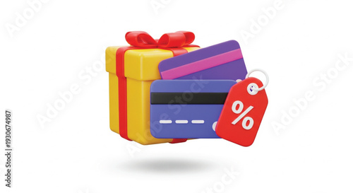 Discount and gifting concept with a yellow gift box, multiple credit cards, and a red percentage tag on a white background