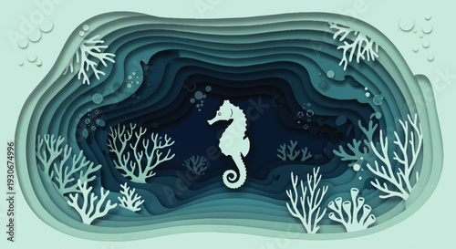 Whimsical paper-cut style illustration of a seahorse swimming in a vibrant coral reef under the sea