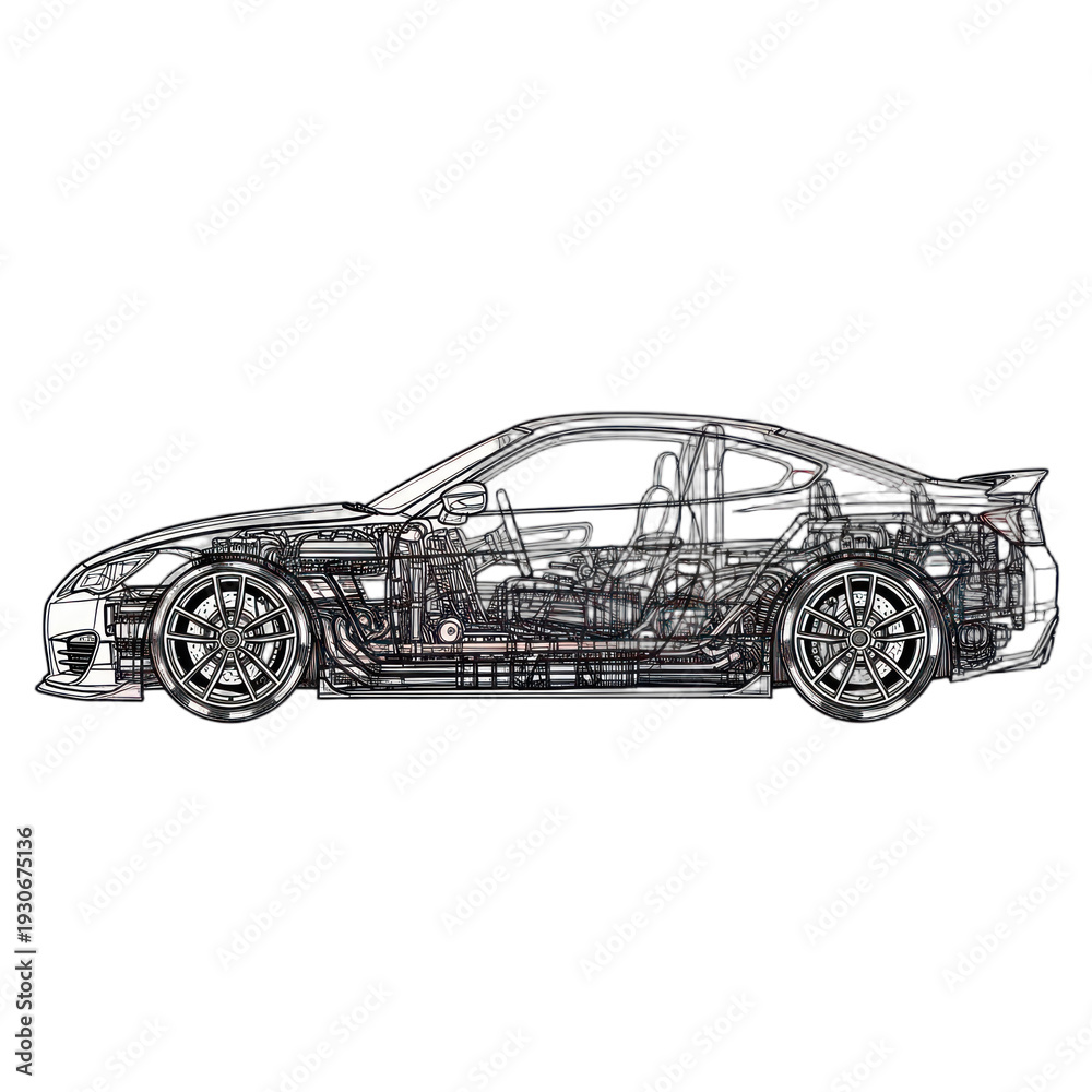Fototapeta premium A detailed illustration showcases the intricate internal mechanics of a modern car.