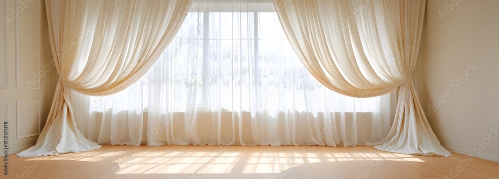 Fototapeta premium Ethereal Light: Gentle curtains gracefully frame a window, allowing natural light to cascade into a space, creating a sense of serenity and inviting ambiance.