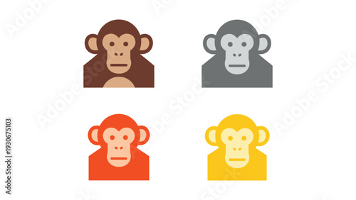 Four stylized emoji depictions of different colored primates with expressive faces