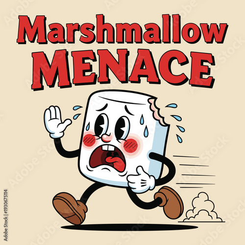 A distressed cartoon marshmallow character flees in panic labeled marshmallow menace