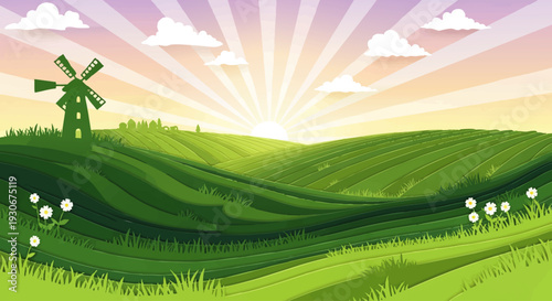 A vibrant vector illustration of a serene countryside morning, showcasing a classic windmill against a radiant sunburst over lush rolling green hills, symbolizing fresh beginnings and tranquil growth