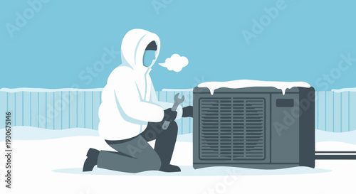 An HVAC technician wearing a heavy winter jacket servicing an outdoor heat pump unit that has a light dusting of snow on top. Their breath is a small solid white cloud. The background is a snowy yard 