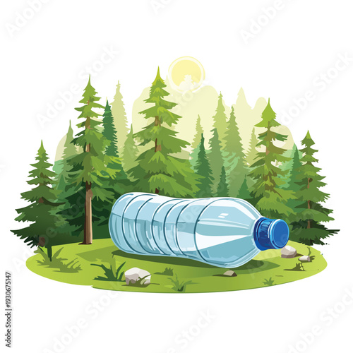 Plastic water bottle in forest setting environmental graphic