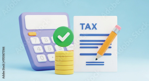 Tax calculation concept with 3d rendering, calculator, checkmark, tax document, pencil, and stacked coins on light blue background
