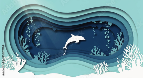 Paper cut style underwater scene with a lone dolphin swimming among coral and bubbles, creating a serene ocean depth effect