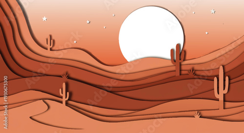 Stunning layered paper art capturing a serene desert panorama at dusk, featuring rolling sand dunes, majestic cacti, and a luminous sun