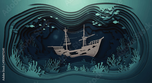 Layered paper art illustration of a deep-sea shipwreck. An ancient vessel rests on the ocean floor amidst vibrant coral and fish, a tranquil underwater scene