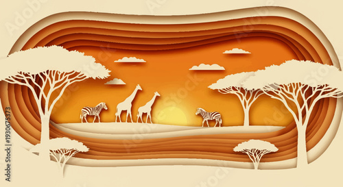 Layered paper-cut style illustration of a serene African savanna sunset with zebras and acacia trees, evoking a sense of warmth and natural beauty