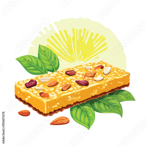 Healthy granola bar with nuts and green leaves on white background