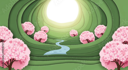 Serene stylized spring landscape with rolling green hills, a gentle winding river, and numerous vibrant pink cherry blossom trees, evoking a tranquil and dreamlike natural setting